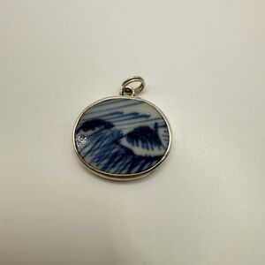 Vintage Sterling Ming Shard Blue & White Porcelain Pendant